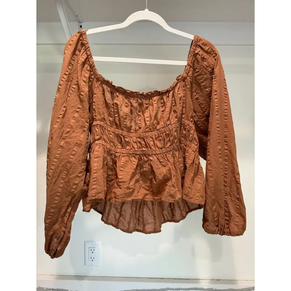 J. Crew Puff Sleeve Cotton Top Brown Size‎ Large Cropped
